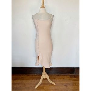 Textured Ruffle Hem Super Fitted Solid Cream Midi Dress